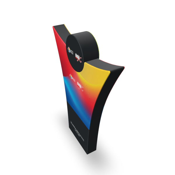 ścianka reklamowa o nietypowym kształcie . sprawdzi się jako uzupełnienie stoiska targowego, recepcji, imprezy firmowej czy wydarzeń firmowych.