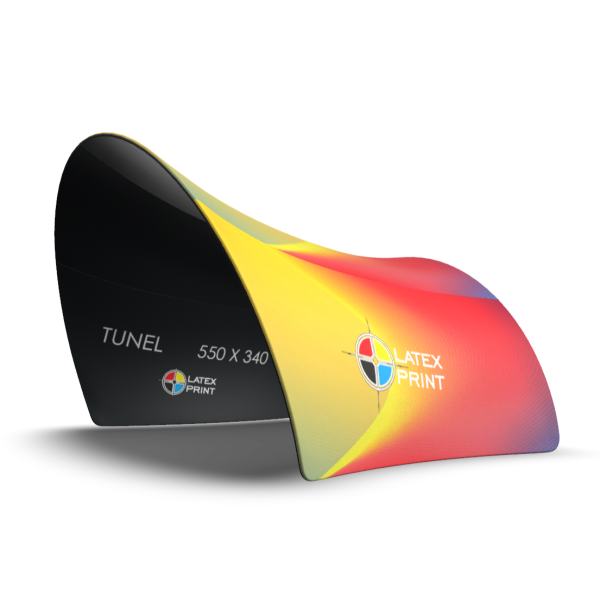 Ścianka tekstylna tunel reklamowy Ścianka reklamowa tunel o oryginalnym i przyciągającym uwagę kształcie pozwoli wyróżnić się na tle standardowych systemów. Ścianka może służyć jako namiot.