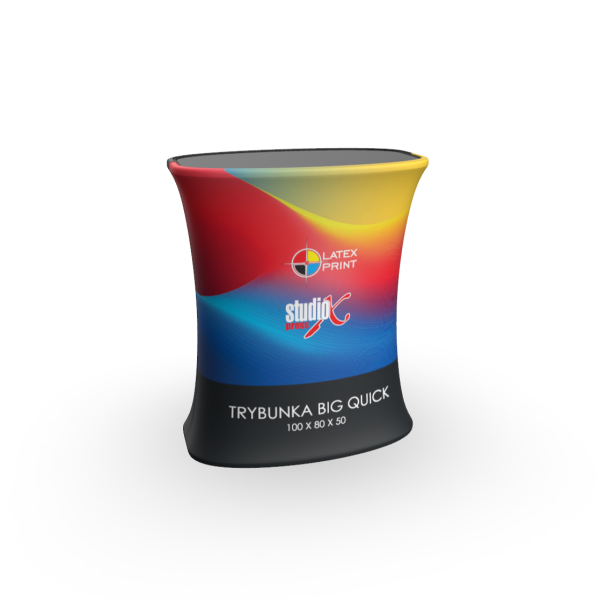 błyskawiczny montaż trybunki, który trwa około trzech sekund. Wystarczy lekko unieść blat, a mechanizm pneumatyczny rozłoży konstrukcję, idealnie napinając wydruk tekstylny. Trybunka konferencyjna nie wymaga podłączenia do prądu, a wydruk, który jest już zamontowany, można w przyszłości wymienić.