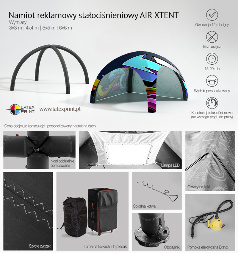 namiot sałociśnieniowy reklamowy z indywidualnym nadrukiem Namiot stałociśnieniowy z nadrukiem