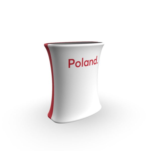 Grafika promocyjna prezentująca oznakowanie zgodne z wytycznymi Marki Polskiej Gospodarki Poland Business Forward, przeznaczony dla firm korzystających z dofinansowania FENG 2.25. Widoczne panele w pozycji poziomej, logotyp programu oraz komunikat sprzedażowy podkreślają zastosowanie grafiki jako elementu identyfikacji wizualnej stoisk targowych i wystawienniczych przedsiębiorców.