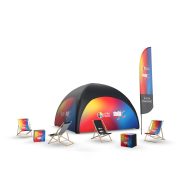 namiot reklamowy, leżaki, flaga promocyjna