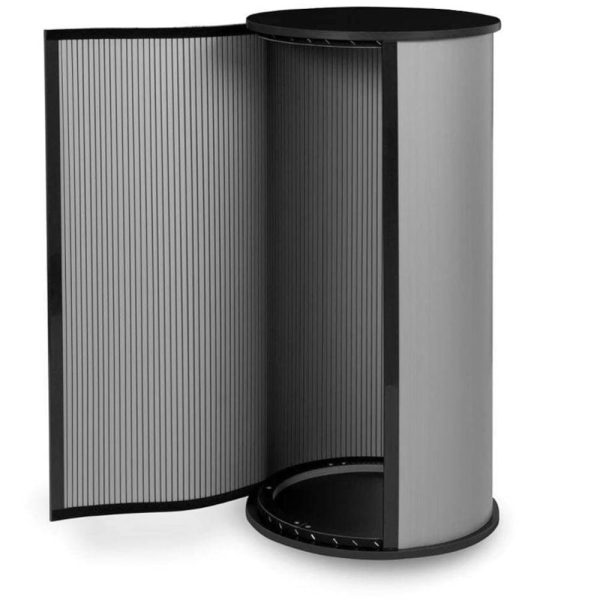 Trybunka Small Ring z panelem PVC i drewnianym blatem, lekka konstrukcja wystawiennicza