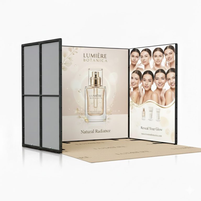 Eleganckie stoisko wystawiennicze dla branży kosmetycznej w odcieniach pudrowego różu i bieli z grafiką twarzy kobiety oraz logo marki beauty.