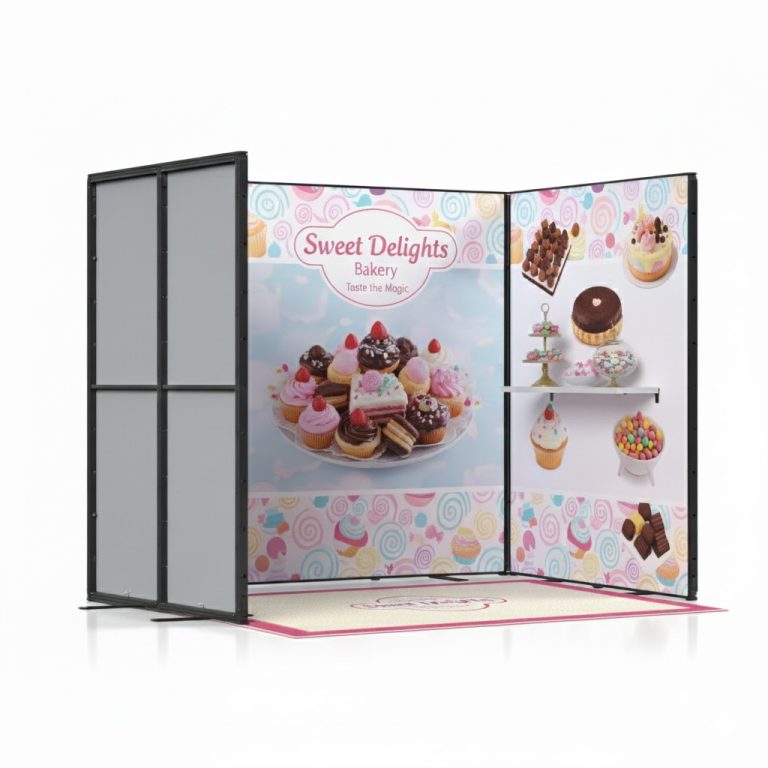 Nowoczesne stoisko targowe dla branży cukierniczej z kolorową grafiką babeczek i słodyczy, wyposażone w białą półkę ekspozycyjną oraz prostokątny dywan z logo firmy.