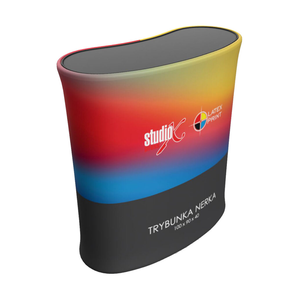 Trybunka reklamowa Nerka Quick z systemem pneumatycznym, mobilna lada eventowa o kształcie nerki z nadrukiem sublimacyjnym, profesjonalne stoisko promocyjne Studio X Press, lada wystawiennicza do szybkiego montażu na targi i konferencje