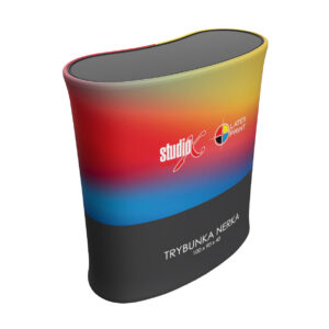 Trybunka reklamowa Nerka Quick z systemem pneumatycznym, mobilna lada eventowa o kształcie nerki z nadrukiem sublimacyjnym, profesjonalne stoisko promocyjne Studio X Press, lada wystawiennicza do szybkiego montażu na targi i konferencje