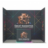 Wizualizacja nowoczesnego stoiska reklamowego o powierzchni 6m2 dla marki Świat Maskotek. Ciemne, grafitowe ściany z kolorowymi, geometrycznymi liniami. W centrum miedziane, trójwymiarowe logo z postaciami misia, kotka i króliczka oraz lada z neonowym podświetleniem u dołu.