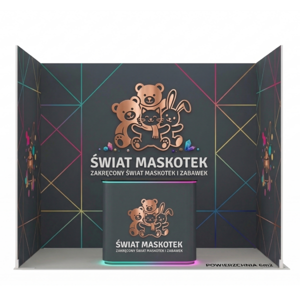 Wizualizacja nowoczesnego stoiska reklamowego o powierzchni 6m2 dla marki Świat Maskotek. Ciemne, grafitowe ściany z kolorowymi, geometrycznymi liniami. W centrum miedziane, trójwymiarowe logo z postaciami misia, kotka i króliczka oraz lada z neonowym podświetleniem u dołu.